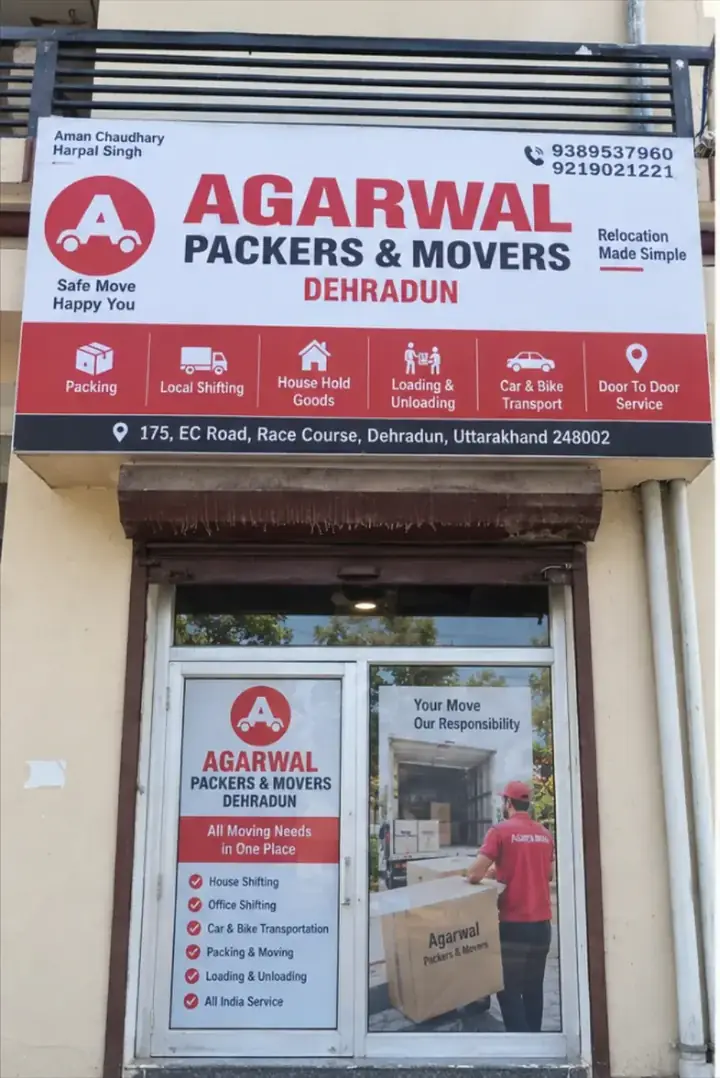 Front of the Agarwal Packers and Movers office with its signboard at 175, EC Road, Race Course, Dehradun